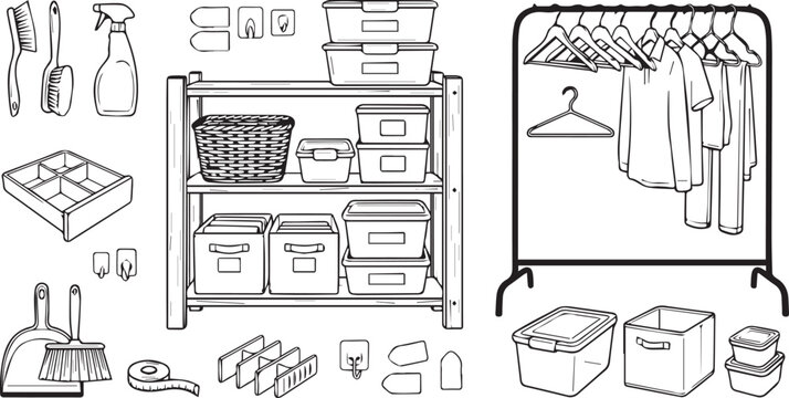 Hand drawn set of home organization tools storage shelves clothing rack boxes and cleaning supplies for tidy house