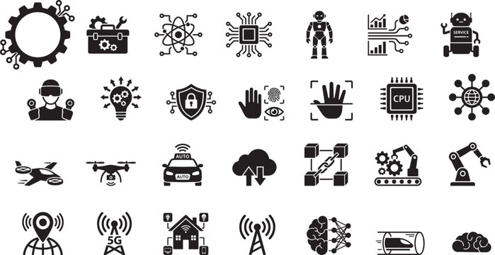 Artificial Intelligence and Smart Technology Icons Collection Featuring Robotics Automation IoT Cybersecurity Cloud Computing and Networks