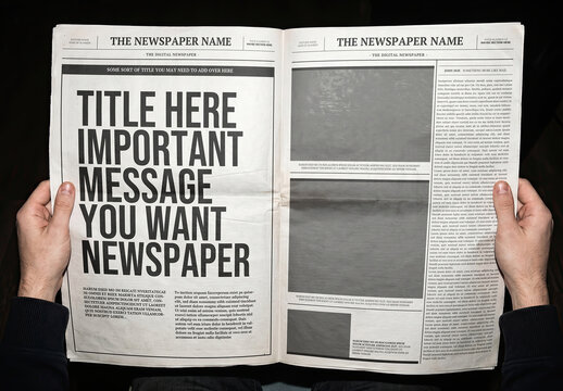 Open Newspaper Pages with Hands (Editable Content)