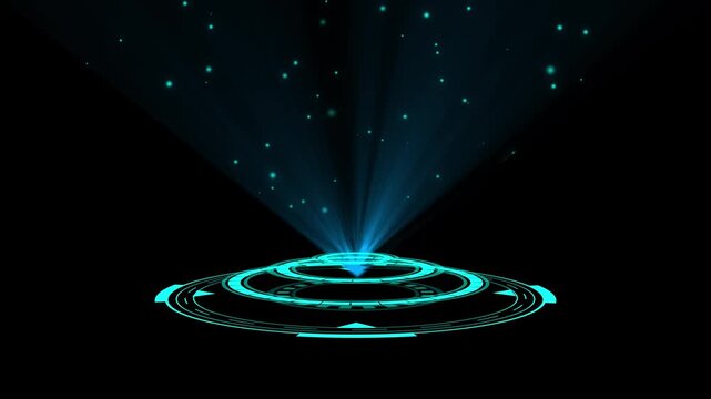 Futuristic blue hologram interface projecting light beams and particles on dark background, sci-fi technology abstract illustration.