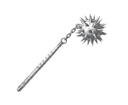 Antique chain mace with wooden handle in nineteenth century engraved style
