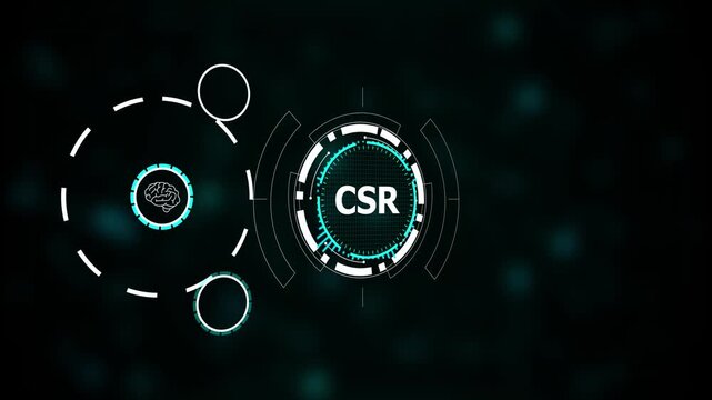 CSR technology interface with futuristic HUD design. CSR dashboard for corporate responsibility, sustainability, and ethical business. Modern CSR data visualization interface.