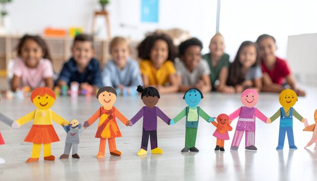 Colorful paper doll chain representing unity, diversity, and friendship stands on a bright floor with a blurred group of smiling children in a classroom. Evokes joy and inclusion.