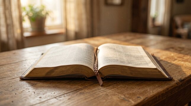 Open Holy Bible Resting on a Rustic Wooden Table in Soft Sunlight