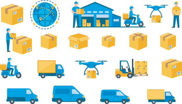 Last mile delivery and logistics icon set with warehouse transport drone shipping and parcel distribution