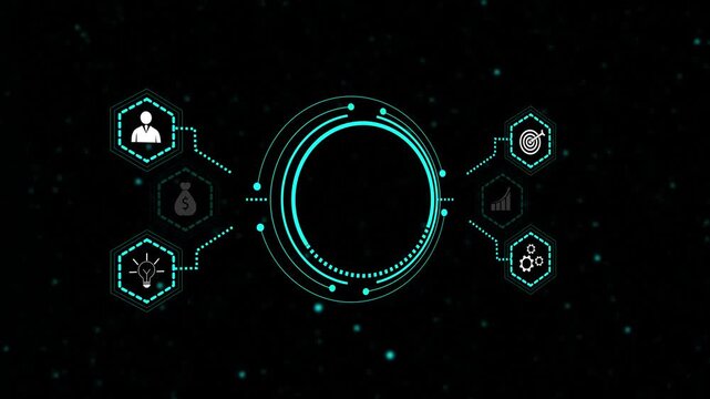 Business ecosystem dashboard interface animation integrated workflow system. Corporate operations and service network visualization platform. Digital business hub control panel interface.