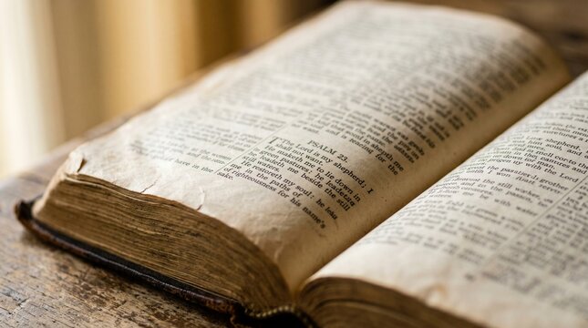 Antique Open Bible with Aged Pages and Psalm 23 Text