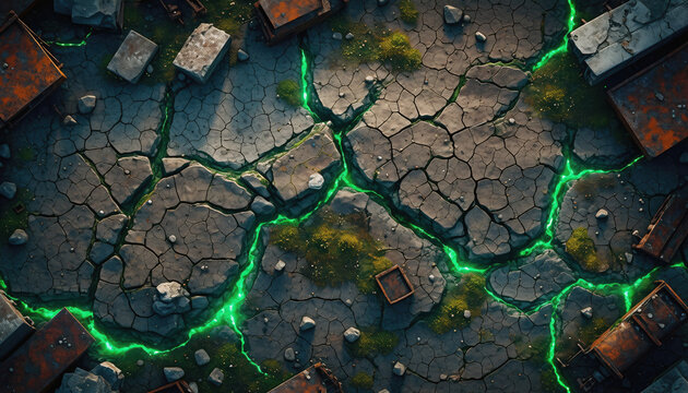 Cracked dry earth with glowing green radioactive energy and rusty debris