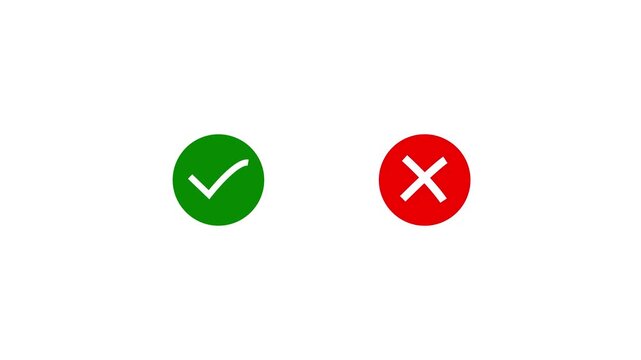 Check mark cross mark animation choice decision comparison. Approve reject icon tick wrong sign confirm decline. Yes no selection result status animation. Wrong or correct. Tick and cross sign.