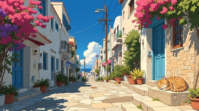 A serene sunny street in a Mediterranean town with a sleeping orange tabby cat