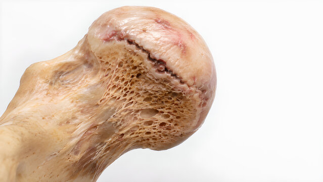 Femoral head avascular necrosis hip medical education image showing subchondral bone damage and collapse on realistic proximal femur for orthopedic radiology and patient healthcare communication