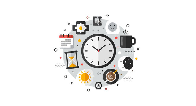Time Management and Daily Routine Concept Illustration - Flat Vector Icon Set for Productivity, Schedule Planning, and Healthy Lifestyle