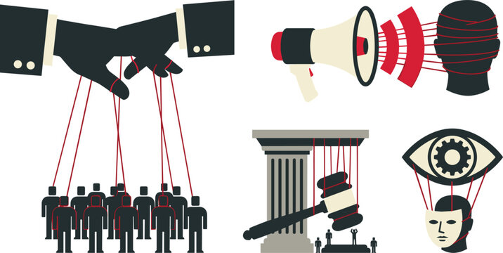 Political Propaganda and Public Manipulation Vector Illustration Concept Set with Megaphone Puppeteer Control and Mass Media Censorship Icons