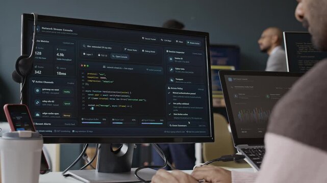 Cropped tilt up shot of unrecognizable male programmer typing on keyboard, writing code on computer screen in IT office. Suitable for software development and cybersecurity marketing campaigns