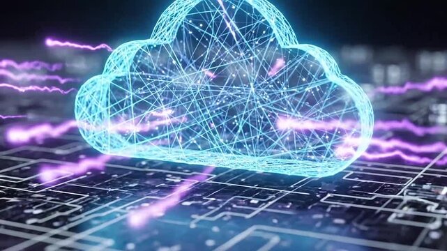 Glowing mesh cloud icon on motherboard circuit surface.