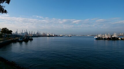 Naklejka premium Bustling and spacious harbor scene filled with anticipation as gentle shadows dance across the water at dusk