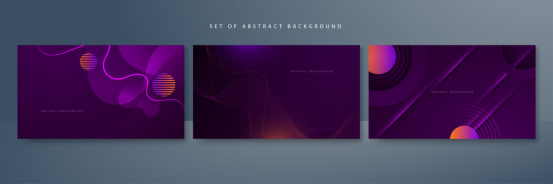 Set of three dark purple abstract backgrounds featuring vibrant gradient flowing lines and geometric shapes