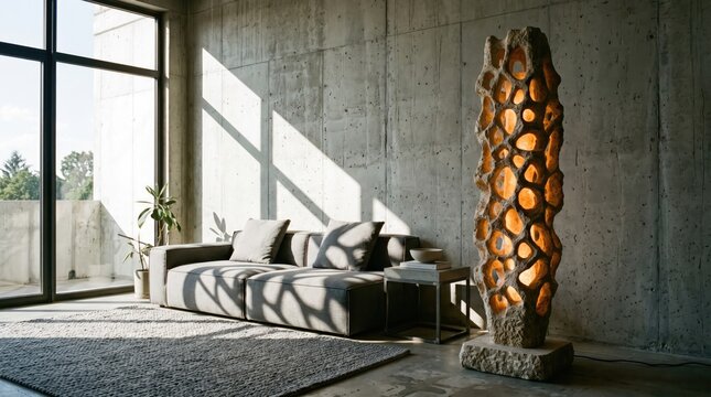 Brutalist loft with sculptural lamp and gray sofa.