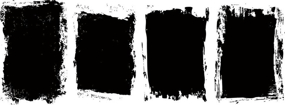 grunge black paint brush strokes set distressed textured rectangular shapes on white background