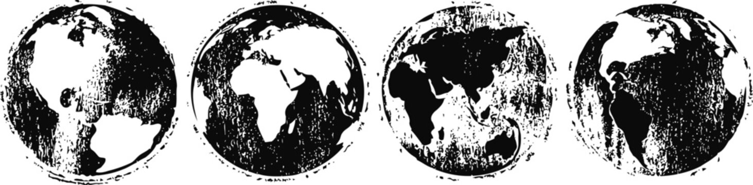 set of four grunge earth globes showing world continents in black and white vintage