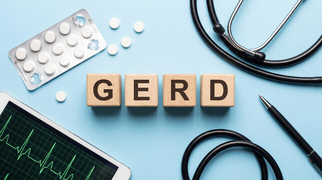 Understanding GERD: Gastroesophageal reflux disease spelled on blocks with pills, stethoscope, and ECG for diagnosis and treatment