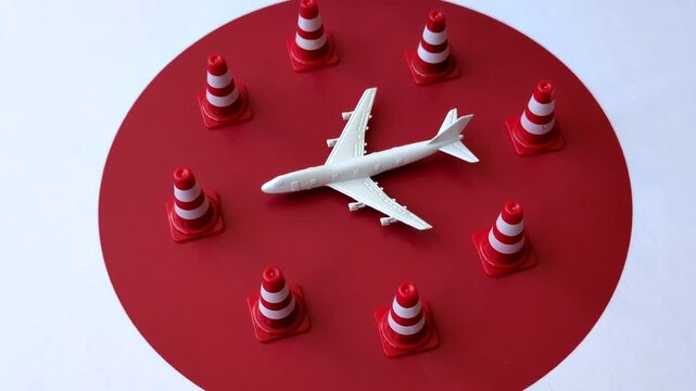 A mock up of airplane surrounded by no fly signs on a japanese flag as a concept for a flight ban or cancellation