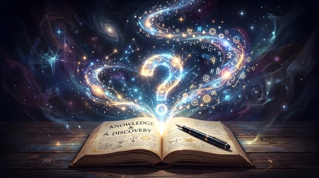 Open book with glowing question mark and swirling light effects symbolizing learning, curiosity, education, and creative knowledge discovery