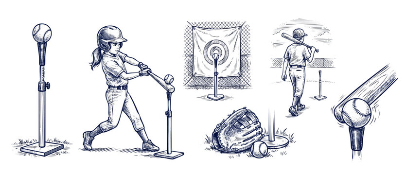 Baseball tee ball training illustration of kids playing and sports equipment. Classic engraved sketch style icon set of little league batting practice, glove, target, and hitting actions on white.