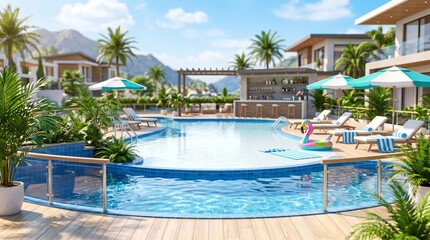 Fototapeta premium Enjoying a Sunny Day by the Pool With Lounge Chairs and Tropical Plants in a Resort Setting