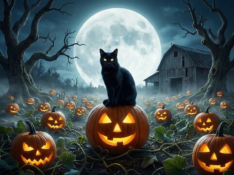 Black cat sitting on a glowing Jack O Lantern in a spooky pumpkin patc
