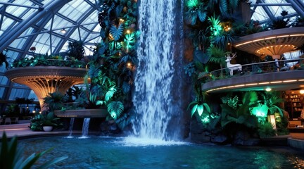 Fototapeta premium Futuristic greenhouse features tiered levels with rich plants, cascading waterfall. Indoor garden pool, artificial deer statue create serene, exotic environment. Modern architecture blends with