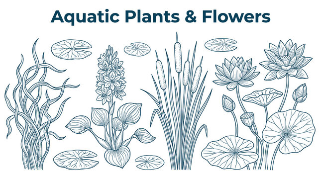Aquatic plants and flowers line art collection design.