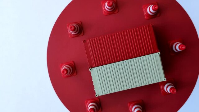 The cargo container ban on the japanese flag as a conceptual backdrop for the export and logistics of goods. The cargo container embargo on the japanese flag as a backdrop for your design