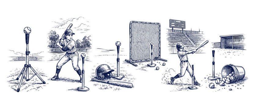 T-ball youth baseball training sketch set showing child players practicing hitting, batting tee gear, bucket of balls, helmet, and net on white background for coaching clip art and sports education.