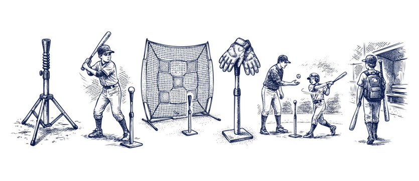 Youth baseball batting practice equipment training set vector sketch illustration showing kids practicing batting swing with coach, tee, nets, gloves, and gear on white background.