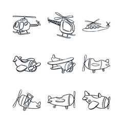 Collection of Helicopter and airplane toy doodle handdrawn illustration © Rizkreativ