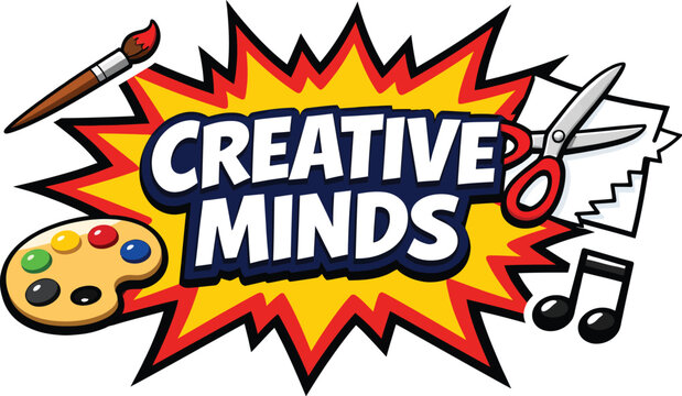 Creative Minds comic style logo vector, artistic education burst with paint brush and palette, school craft workshop typography design