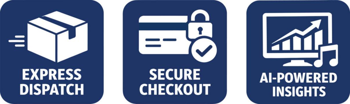 E-commerce business icons set, express dispatch and secure checkout symbols, AI-powered insights data analytics vector graphics