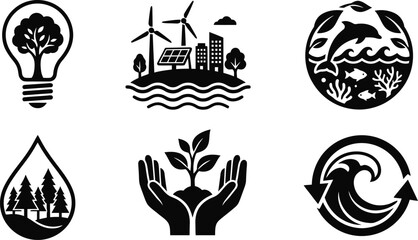 Fototapeta premium Eco friendly icons set with green energy and nature
