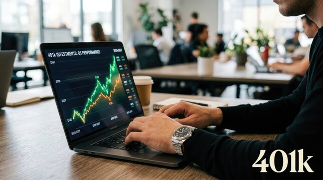Financial planning and 401k investment analysis on laptop in modern office