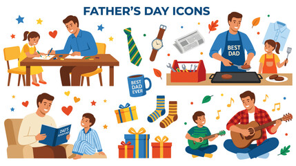 Fototapeta premium Father day icons set with dad and kids activities.