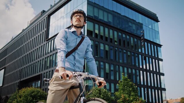 Man pauses on bicycle against modern glass office building