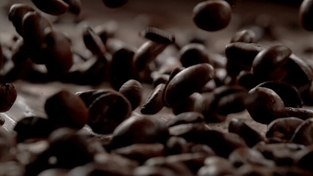 Fresh black coffee pouring into white ceramic cup, top down view of morning espresso caffeine boost, dark kitchen counter background
