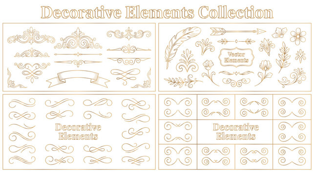 Decorative elements collection with golden swirl icons.