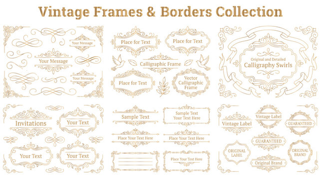 Vintage gold frame border and calligraphic scroll set.