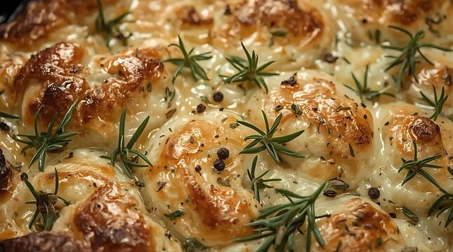 golden brown buttery herb crust with rosemary, buttery crust, herb crust, rosemary, thyme, parsley, black pepper, pan jus, gourmet food, close up, texture, golden brown, crispy, savory, seasoning, cul