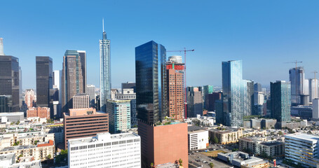 Obraz premium Los Angeles downtown LA skyline. Los Angeles metropolitan cityscape. Los Angeles high-rise buildings. Los Angeles freeway beside towers. LA city.