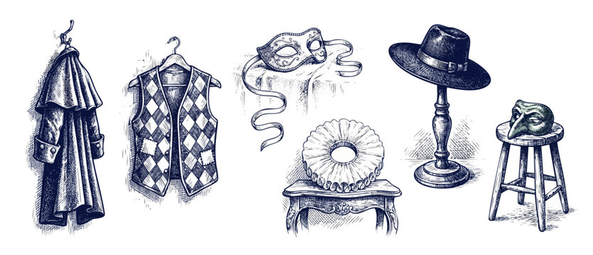 Commedia dellarte theater costume illustrations featuring vintage Italian masquerade masks, Harlequin diamond vest, historical cape, ruff collar, actor props. Black ink hand drawn engraving style set.