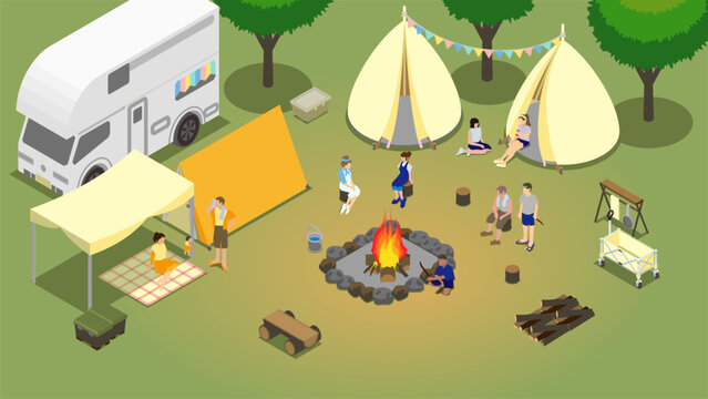 Isometric outdoor campsite with people around a campfire
