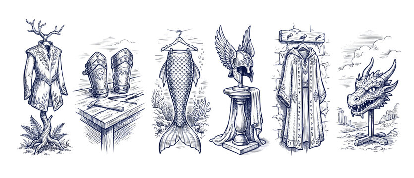 Fantasy RPG armor clothing set featuring hand drawn sketch icons of medieval warrior helmet, wizard mage robe, mermaid tail, dragon head trophy, and elven tunic on white background for game design.